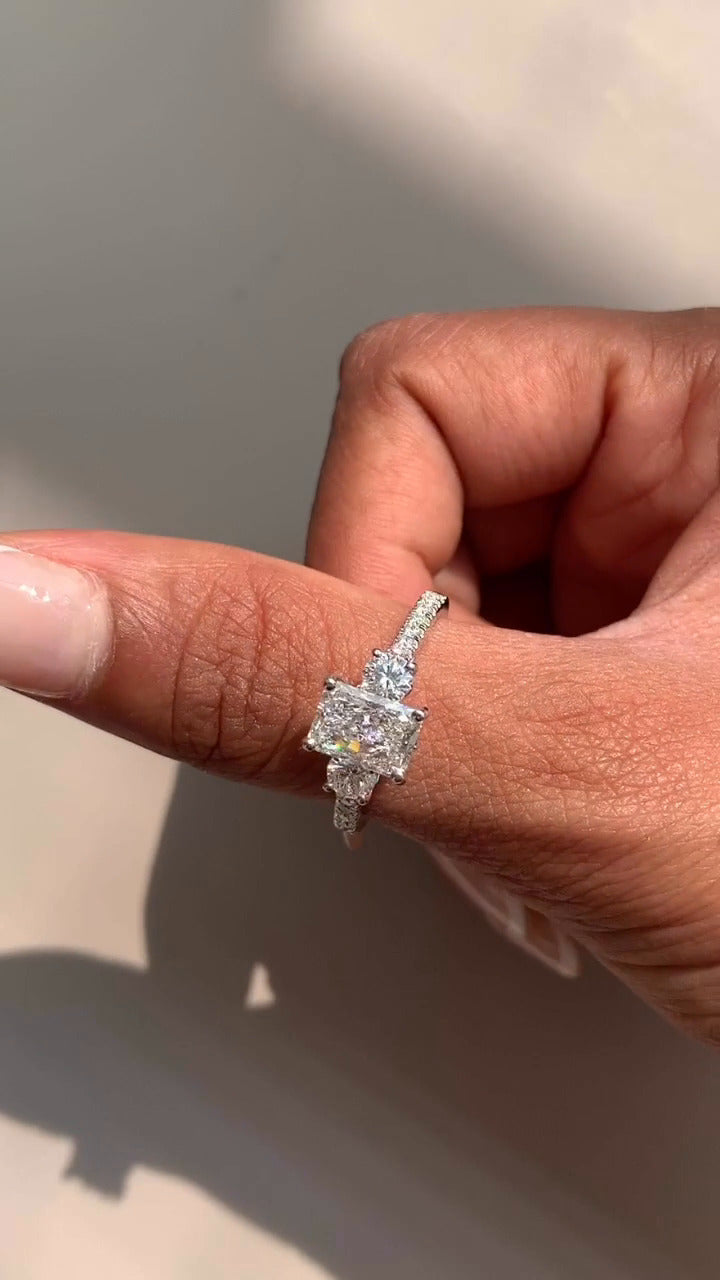 Radiant Three Stone Moissanite Engagement Ring