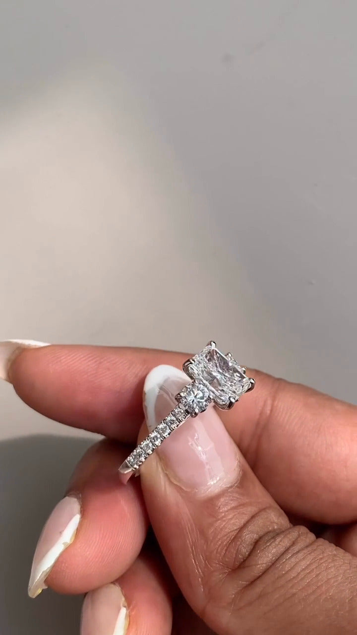 Olivine Radiant Three Stone Engagement Ring