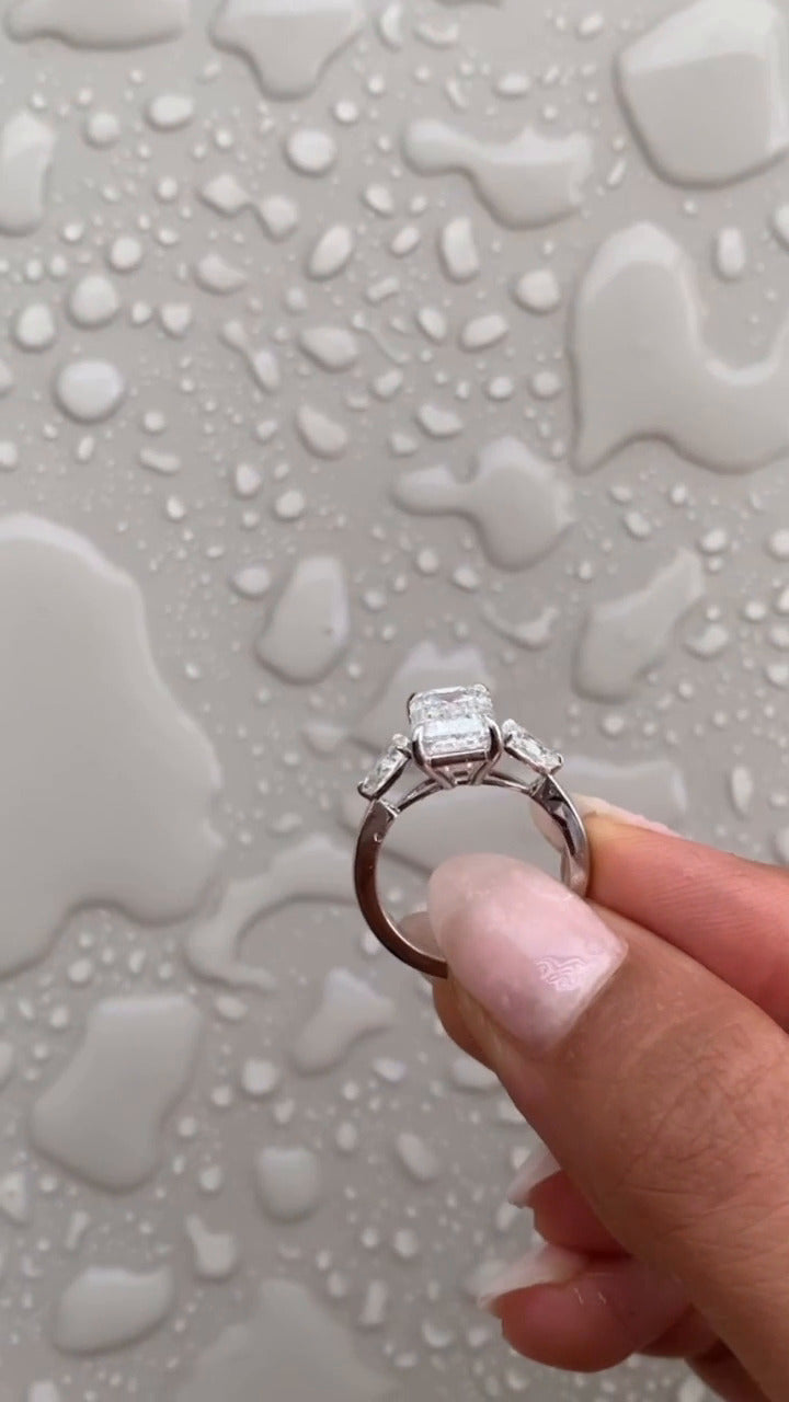 Emerald Three Stone Moissanite Engagement Ring