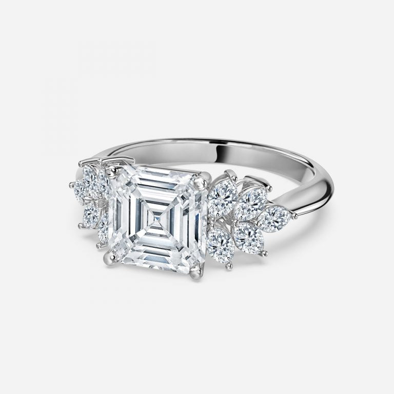 Clarity Asscher Three Stone Moissanite Engagement Ring